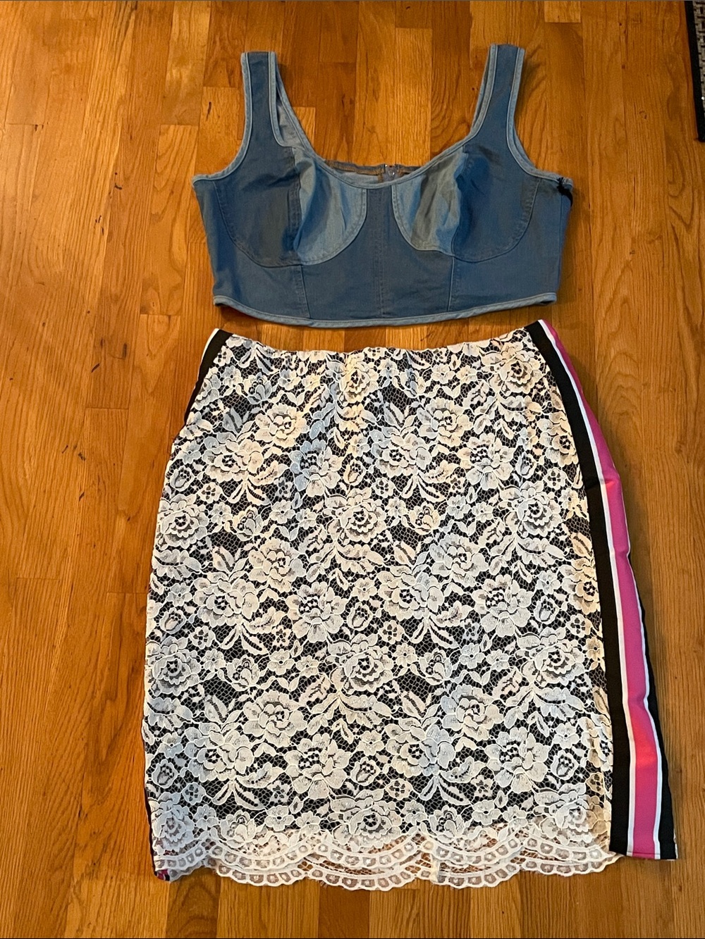 A Complete Outfit-Denim Crop Top & White Lace Pencil Skirt Set